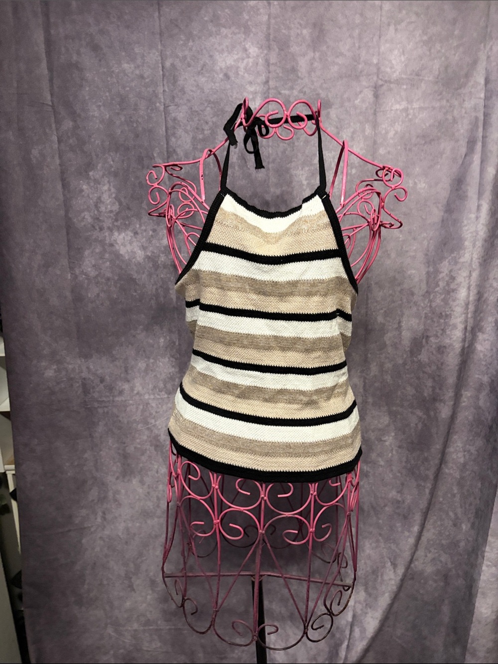 Charlotte Russe Striped Halter Tank Top - Black, White & Beige